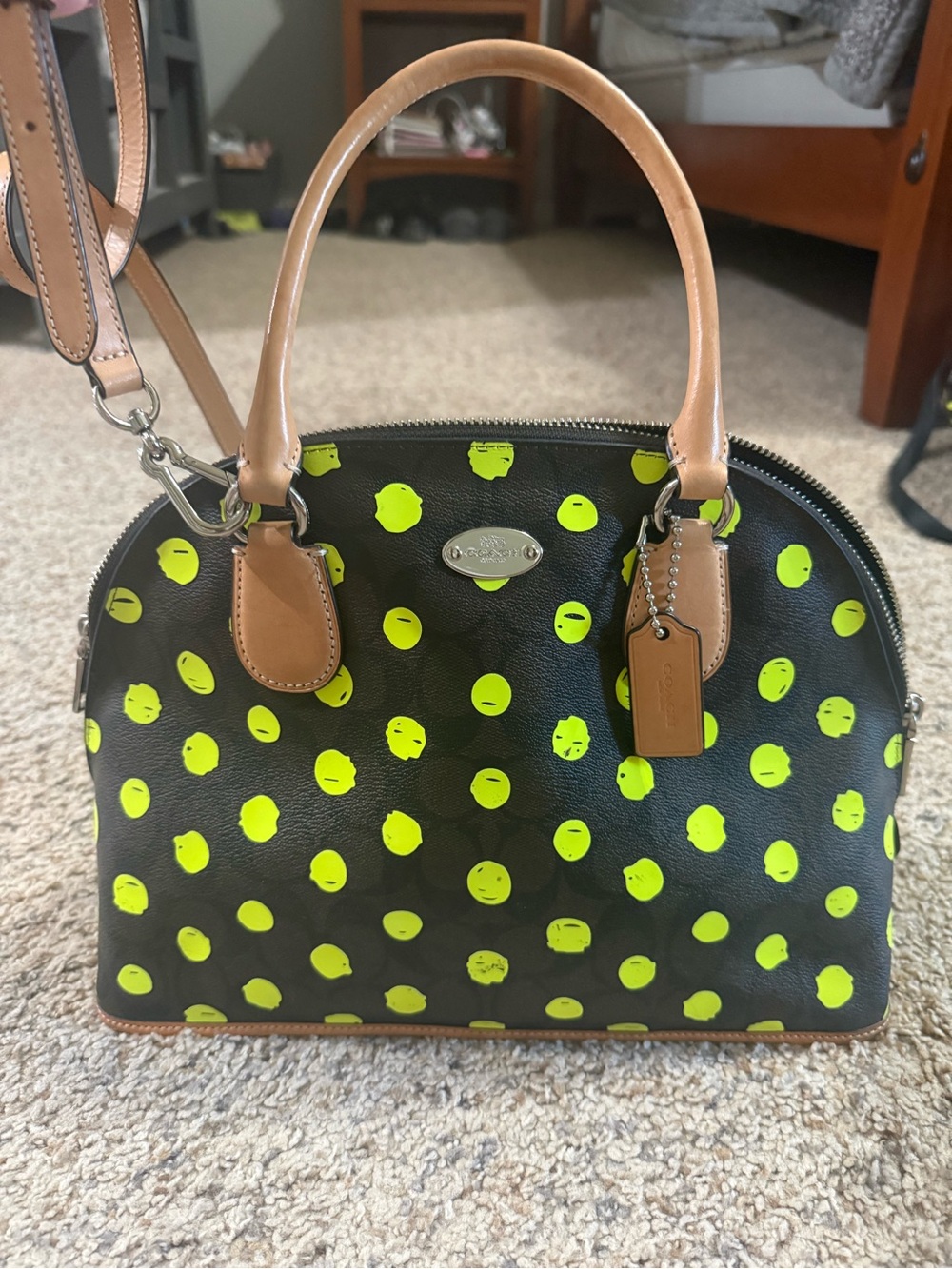 Coach Black/Brown Signature Satchel with Neon Yellow Polka Dots and Tan Handles